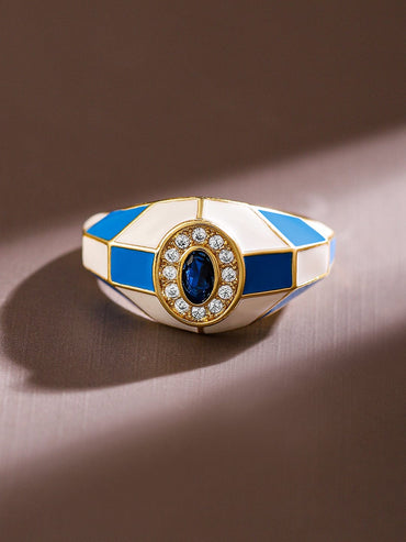 Rubans 18K Gold-Plated Blue & White Enamel and  Sapphire Cubic Zirconia Adjustable Ring Rings