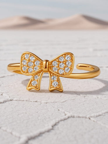 Rubans 18K Gold-Plated Bow Design Adjustable Ring with Cubic Zirconia Stones for Women Finger Ring