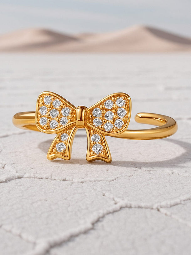 Rubans 18K Gold-Plated Bow Design Adjustable Ring with Cubic Zirconia Stones for Women Finger Ring