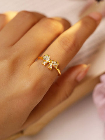 Rubans 18K Gold-Plated Bow Design Adjustable Ring with Cubic Zirconia Stones for Women Rings