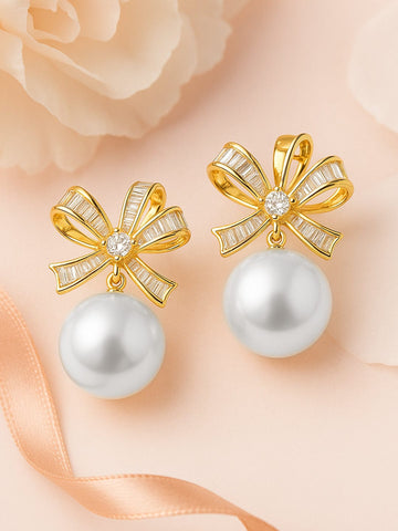 Rubans 18K Gold-Plated Bow Design Cubic Zirconia & Pearl Stud Earrings Earrings