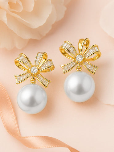Rubans 18K Gold-Plated Bow Design Cubic Zirconia & Pearl Stud Earrings Earrings