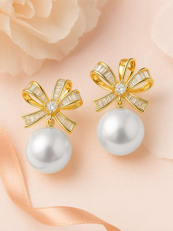 Rubans 18K Gold-Plated Bow Design Cubic Zirconia & Pearl Stud Earrings Earrings