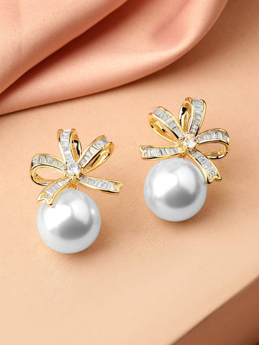 Rubans 18K Gold-Plated Bow Design Cubic Zirconia & Pearl Stud Earrings Earrings