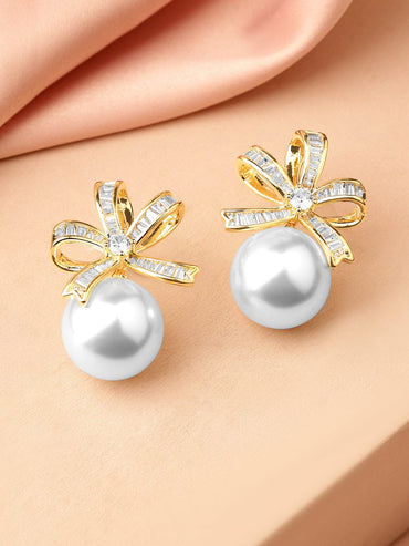 Rubans 18K Gold-Plated Bow Design Cubic Zirconia & Pearl Stud Earrings Earrings