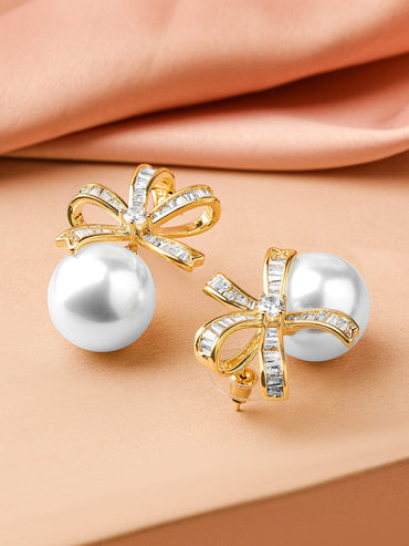 Rubans 18K Gold-Plated Bow Design Cubic Zirconia & Pearl Stud Earrings Earrings