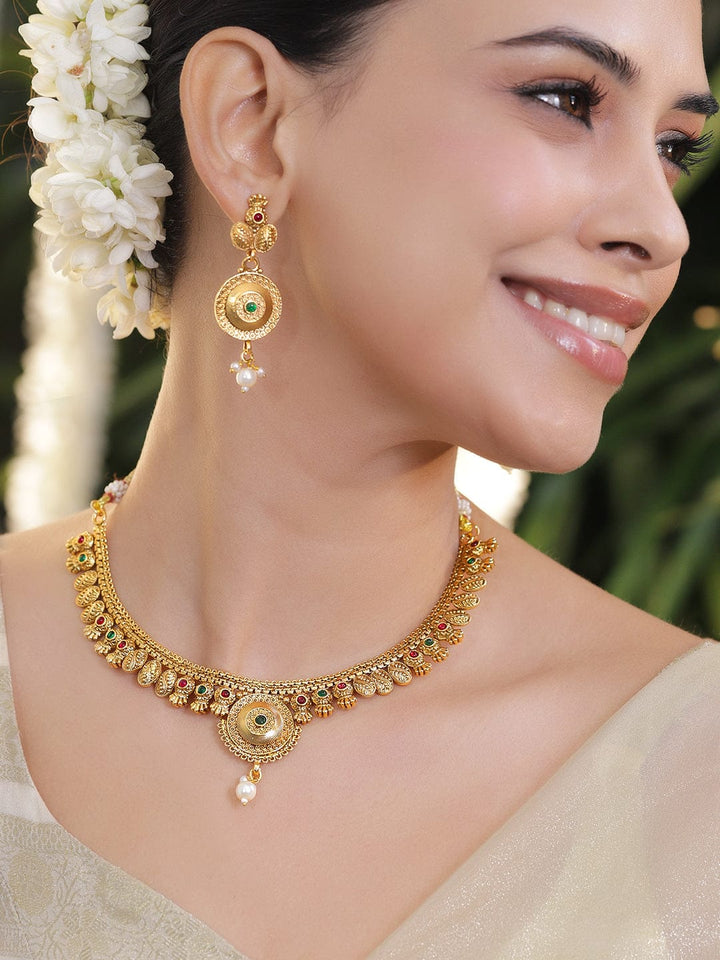 Rubans 18K Gold-Plated Brass Antique Design Necklace Set with Ruby & Emerald Beads Jewellery Set