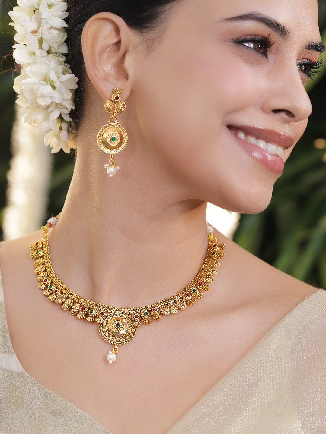 Rubans 18K Gold-Plated Brass Antique Design Necklace Set with Ruby & Emerald Beads Necklace Set