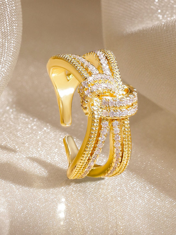 Rubans 18K Gold-Plated Brass Cubic Zirconia Studded Bow Design Adjustable Finger Ring Rings