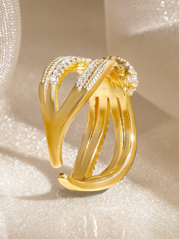 Rubans 18K Gold-Plated Brass Cubic Zirconia Studded Bow Design Adjustable Finger Ring Rings