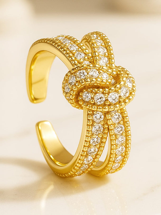 Rubans 18K Gold-Plated Brass Cubic Zirconia Studded Bow Design Adjustable Finger Ring Rings