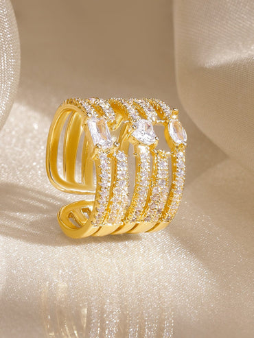 Rubans 18K Gold-Plated Brass Cubic Zirconia Studded Multi-Band Adjustable Finger Ring Rings