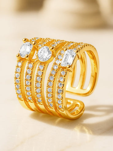 Rubans 18K Gold-Plated Brass Cubic Zirconia Studded Multi-Band Adjustable Finger Ring Rings