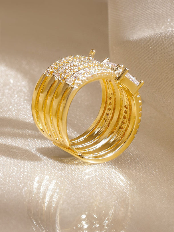 Rubans 18K Gold-Plated Brass Cubic Zirconia Studded Multi-Band Adjustable Finger Ring Rings