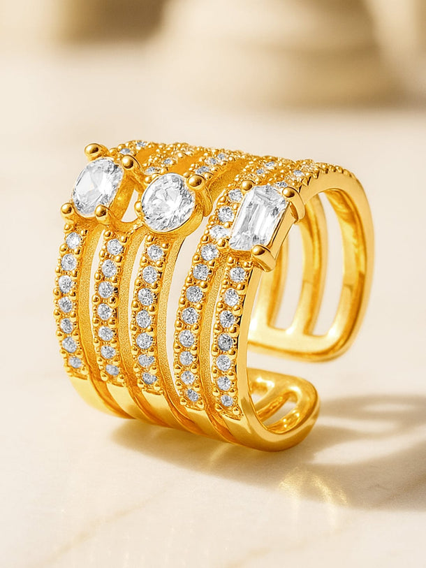 Rubans 18K Gold-Plated Brass Cubic Zirconia Studded Multi-Band Adjustable Ring Rings