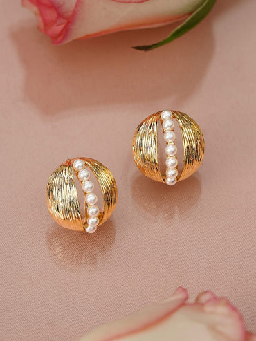 Rubans 18K Gold-Plated Brass Dome Stud Earrings with Ribbed Texture & Pearl Line Detailing Earrings