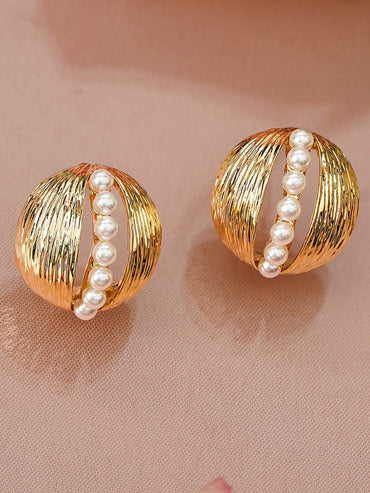 Rubans 18K Gold-Plated Brass Dome Stud Earrings with Ribbed Texture & Pearl Line Detailing Earrings
