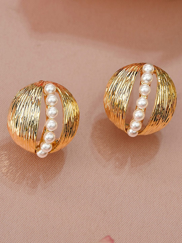 Rubans 18K Gold-Plated Brass Dome Stud Earrings with Ribbed Texture & Pearl Line Detailing Earrings