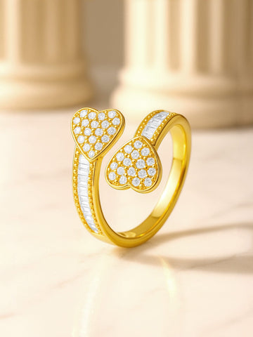 Rubans 18K Gold-Plated Brass Dual Heart Cubic Zirconia Studded Adjustable Statement Ring Finger Ring