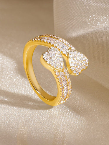 Rubans 18K Gold-Plated Brass Dual Heart Cubic Zirconia Studded Adjustable Statement Ring Rings