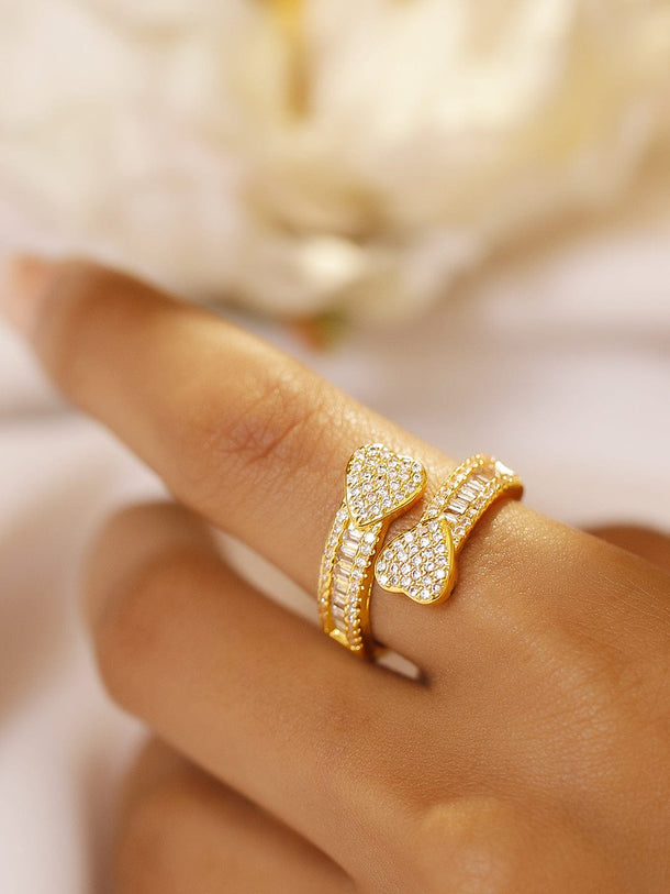 Rubans 18K Gold-Plated Brass Dual Heart Cubic Zirconia Studded Adjustable Statement Ring Rings