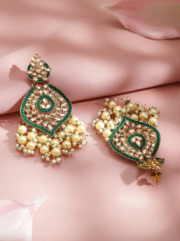 Rubans 18K Gold-Plated Brass Green Kundan & Glossy Off-White Pearl Beaded Handcrafted Long Chandelier Earrings Earrings