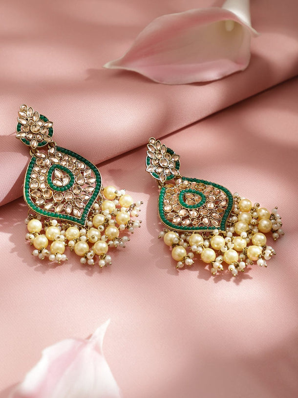 Rubans 18K Gold-Plated Brass Green Kundan & Glossy Off-White Pearl Beaded Handcrafted Long Chandelier Earrings Earrings