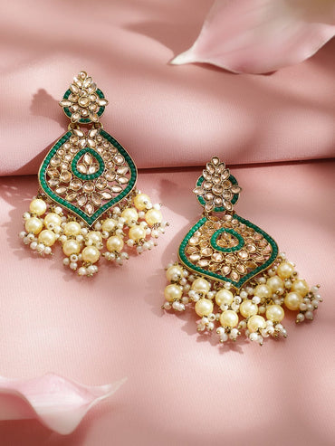 Rubans 18K Gold-Plated Brass Green Kundan & Glossy Off-White Pearl Beaded Handcrafted Long Chandelier Earrings Earrings