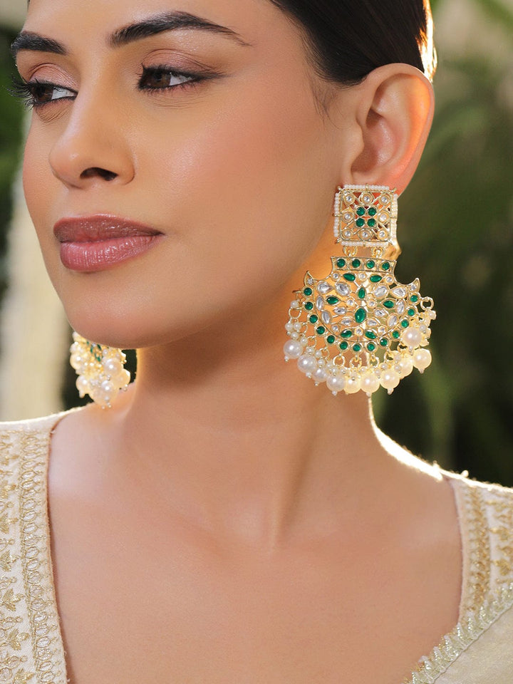 Rubans 18K Gold-Plated Brass Green & White Kundan Studded Handcrafted Long Chandbali Earrings with White Pearl Beads Earrings