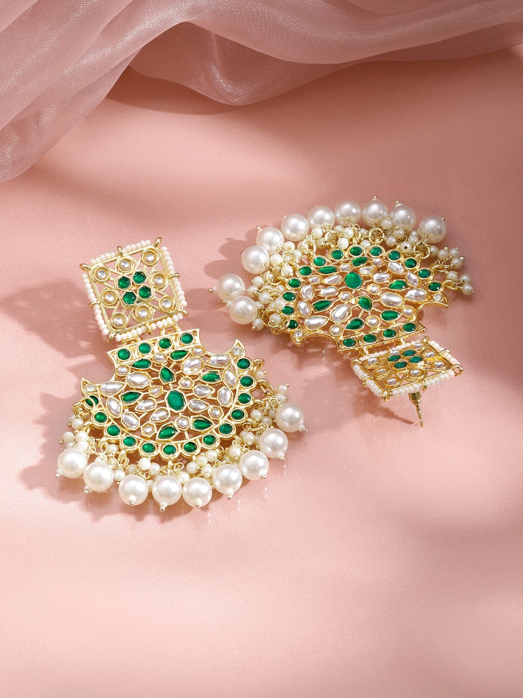 Rubans 18K Gold-Plated Brass Green & White Kundan Studded Handcrafted Long Chandbali Earrings with White Pearl Beads Earrings