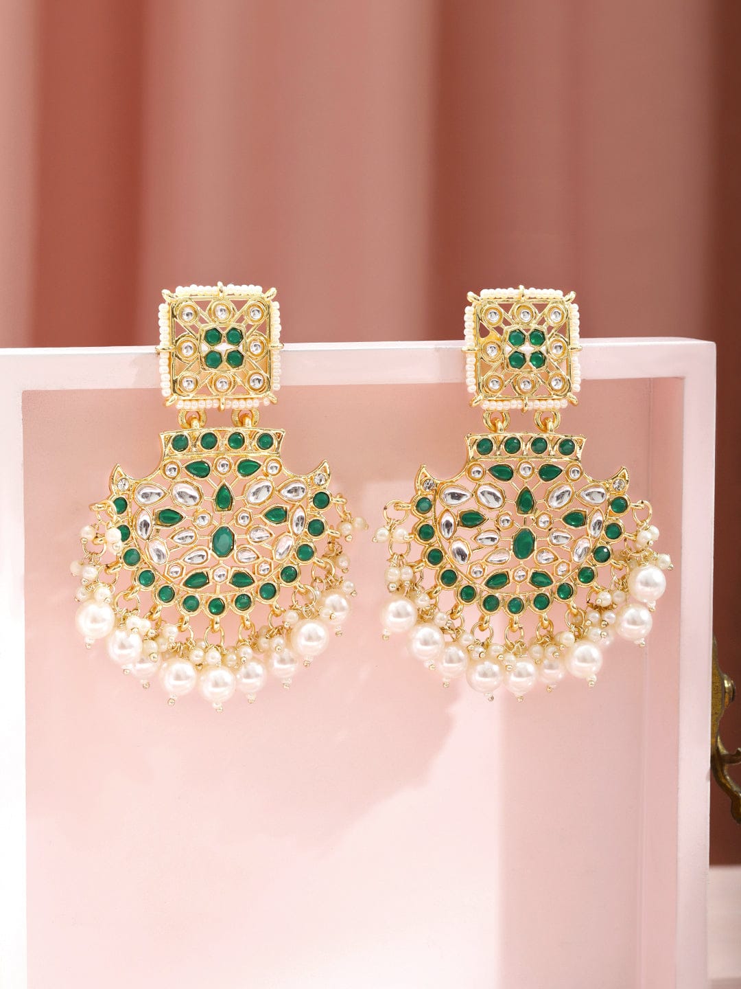 Rubans 18K Gold-Plated Brass Green & White Kundan Studded Handcrafted Long Chandbali Earrings with White Pearl Beads Earrings