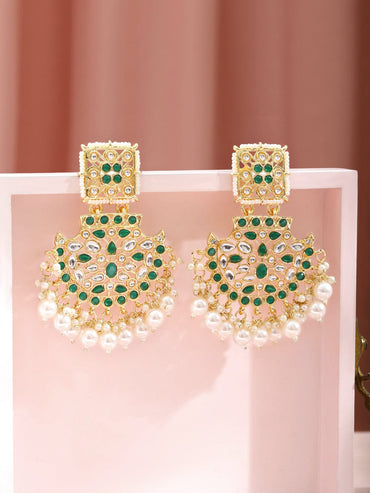 Rubans 18K Gold-Plated Brass Green & White Kundan Studded Handcrafted Long Chandbali Earrings with White Pearl Beads Earrings