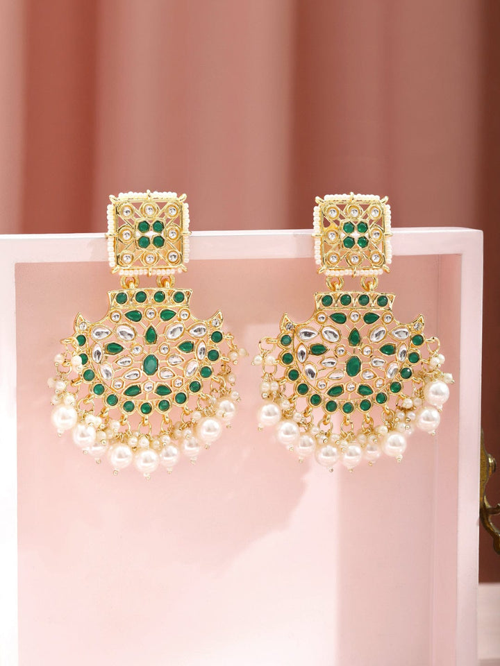 Rubans 18K Gold-Plated Brass Green & White Kundan Studded Handcrafted Long Chandbali Earrings with White Pearl Beads Earrings