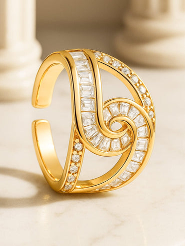 Rubans 18K Gold-Plated Brass Linked Curve Design Cubic Zirconia Adjustable Finger Ring Rings