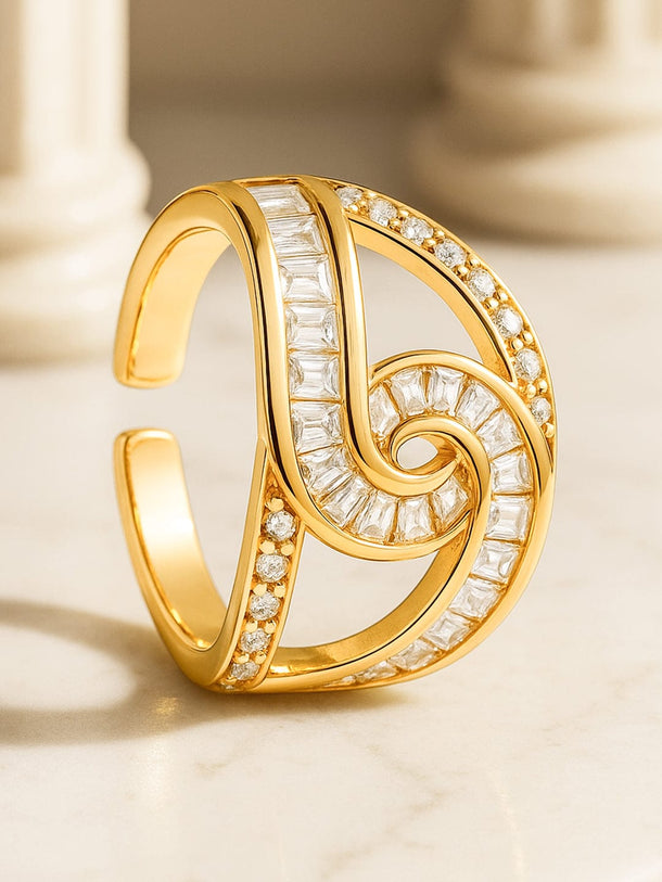 Rubans 18K Gold-Plated Brass Linked Curve Design Cubic Zirconia Adjustable Finger Ring Rings