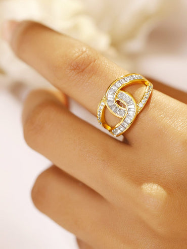 Rubans 18K Gold-Plated Brass Linked Curve Design Cubic Zirconia Adjustable Finger Ring Rings
