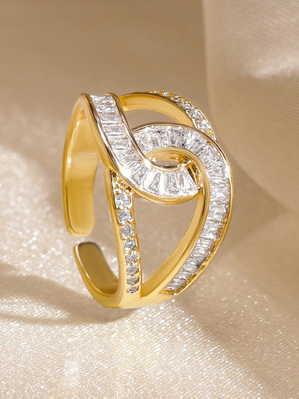Rubans 18K Gold-Plated Brass Linked Curve Design Cubic Zirconia Adjustable Finger Ring Rings
