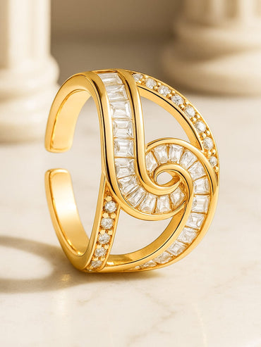 Rubans 18K Gold-Plated Brass Linked Curve Design Cubic Zirconia Adjustable Ring Rings