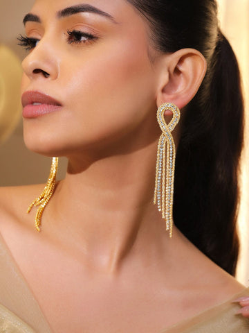 Rubans 18K Gold Plated Brass Long Tassel Earrings with Crystal Cubic Zirconia Detailing Earrings