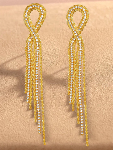 Rubans 18K Gold Plated Brass Long Tassel Earrings with Crystal Cubic Zirconia Detailing Earrings