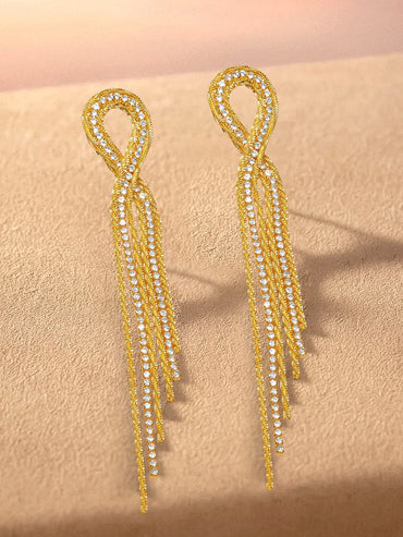Rubans 18K Gold Plated Brass Long Tassel Earrings with Crystal Cubic Zirconia Detailing Earrings