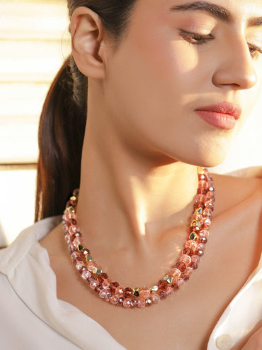 Rubans 18K Gold-Plated Brass Multi-Layered Amber, Pink & Golden Crystal Beaded Necklace Necklaces, Necklace Sets, Chains & Mangalsutra
