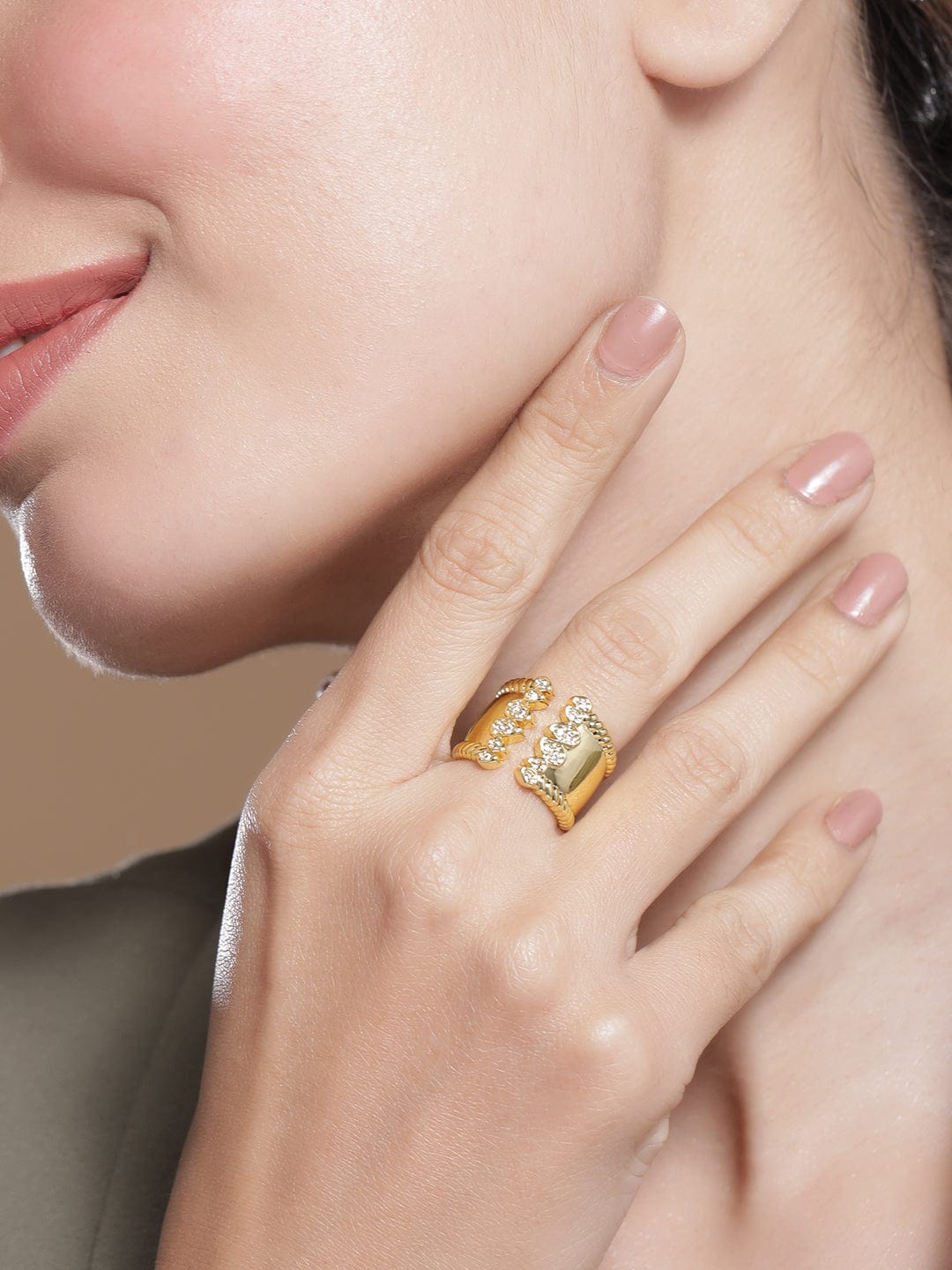 Rubans 18K Gold Plated Brass Openable Finger Ring with Cubic Zirconia Detailing Rings