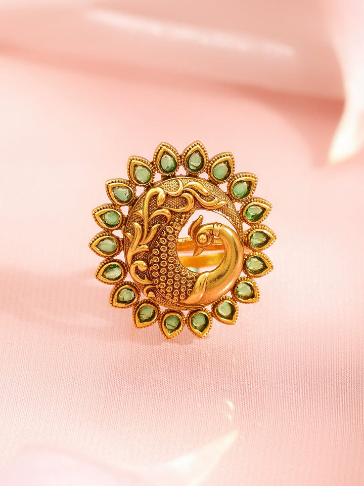Rubans 18K Gold-Plated Brass Peacock Motif Green Stone Adjustable Finger Ring Rings