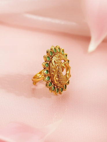 Rubans 18K Gold-Plated Brass Peacock Motif Green Stone Adjustable Finger Ring Rings