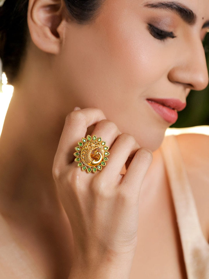 Rubans 18K Gold-Plated Brass Peacock Motif Green Stone Adjustable Finger Ring Rings