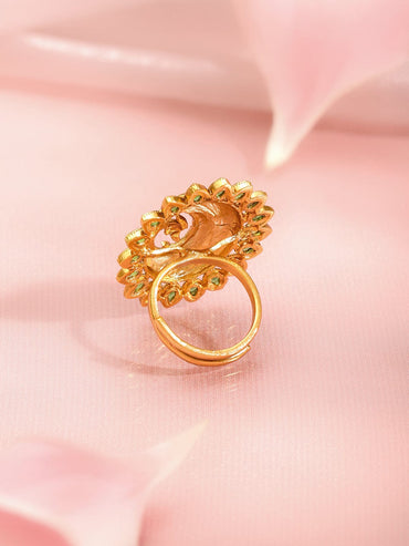 Rubans 18K Gold-Plated Brass Peacock Motif Green Stone Adjustable Finger Ring Rings