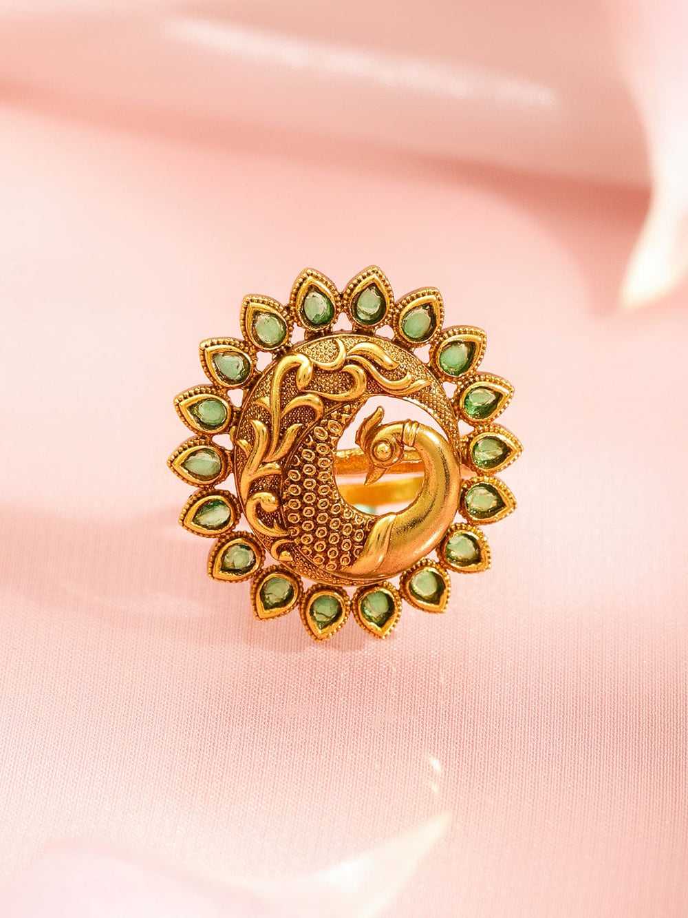 Rubans 18K Gold-Plated Brass Peacock Motif Green Stone Adjustable Finger Ring Rings