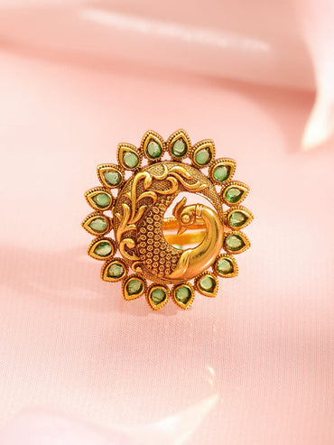 Rubans 18K Gold-Plated Brass Peacock Motif Green Stone Adjustable Finger Ring Rings