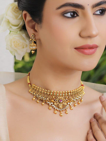 Rubans 18K Gold-Plated Brass Ruby, Green & White Stone Peacock-Floral Choker Necklace Set Jewellery Set